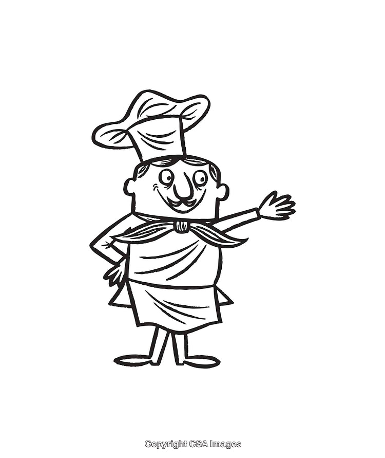 Cartoon Illustration of a Chef Character in Black and White Line Art