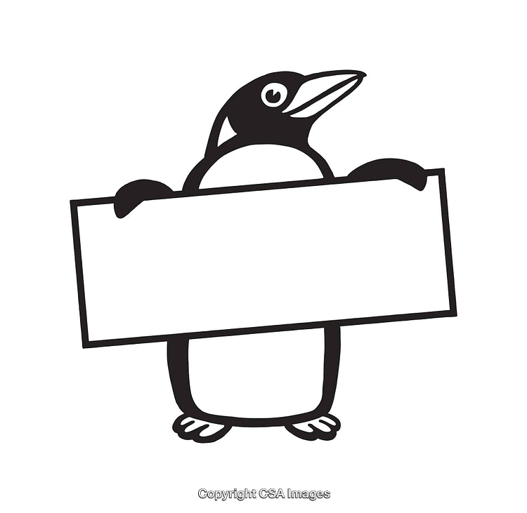 Penguin Holding Blank Sign in Black and White Cartoon Style