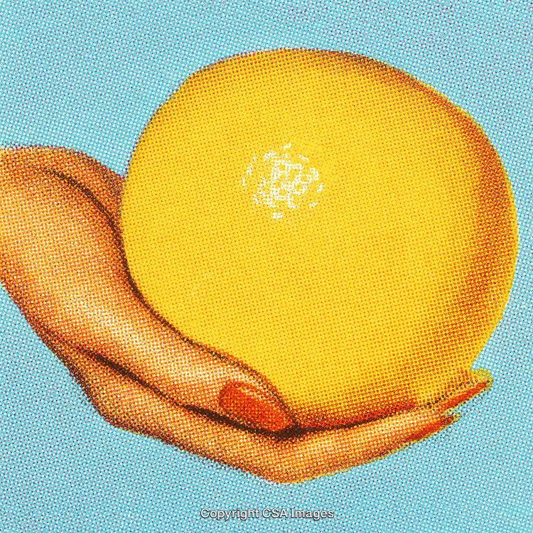 Retro Halftone Style Hand Holding a Ripe Yellow Circular Fruit on Blue