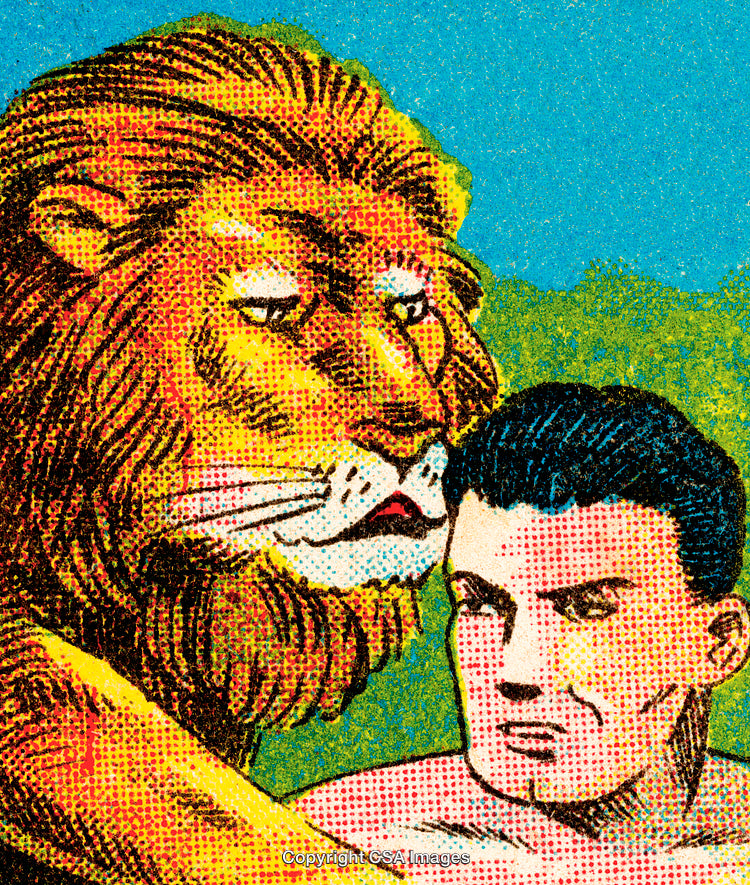 Vintage Comic Illustration of a Man and a Lion in Bold Colors
