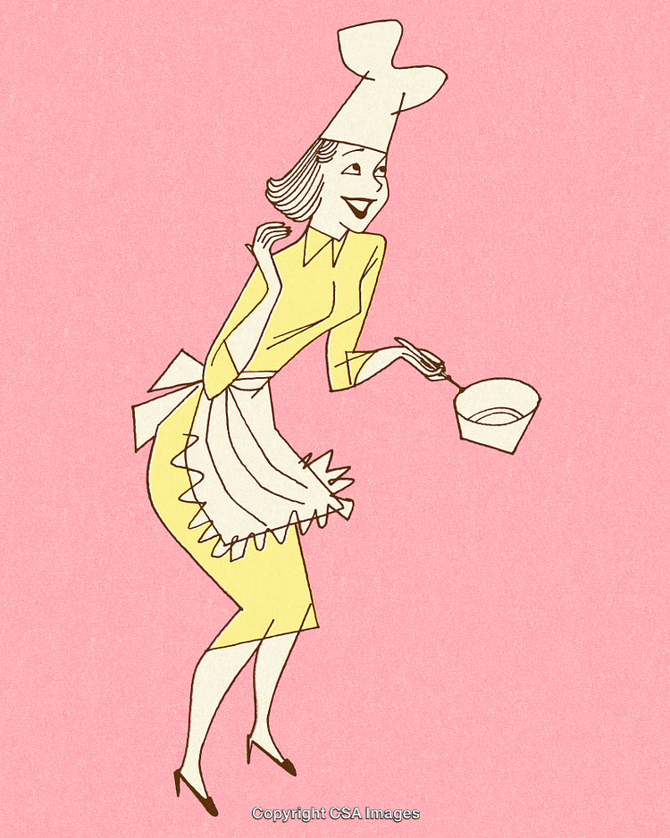 Retro Style Illustration of Woman Cooking in Vintage Outfit and Chef Hat