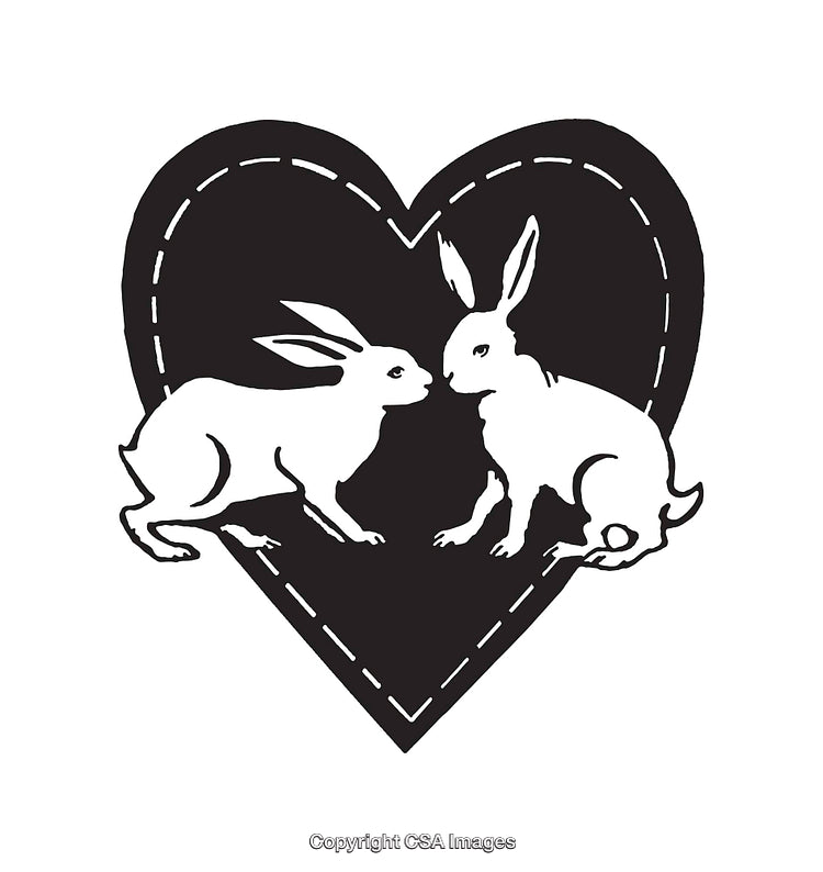 Illustration of Two Rabbits in Heart-Shaped Design in Black and White