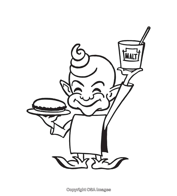 Cartoon Elf Carrying a Hamburger and Malt Drink in Line Art Style