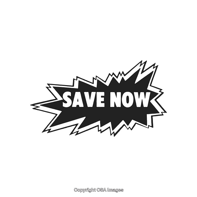Black and White Save Now Promotional Starburst Graphic for Discounts