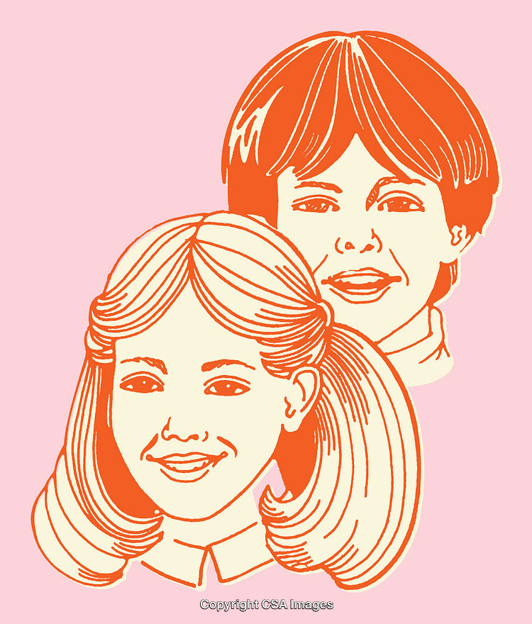 Colorful Line Art Illustration of Smiling Boy and Girl on Pink Background