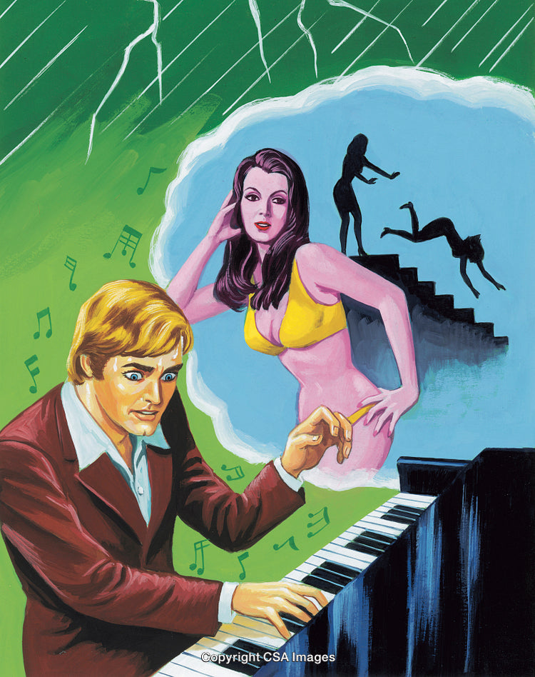 Surreal Illustration of Pianist With Dreamlike Visions and Dramatic Imagery