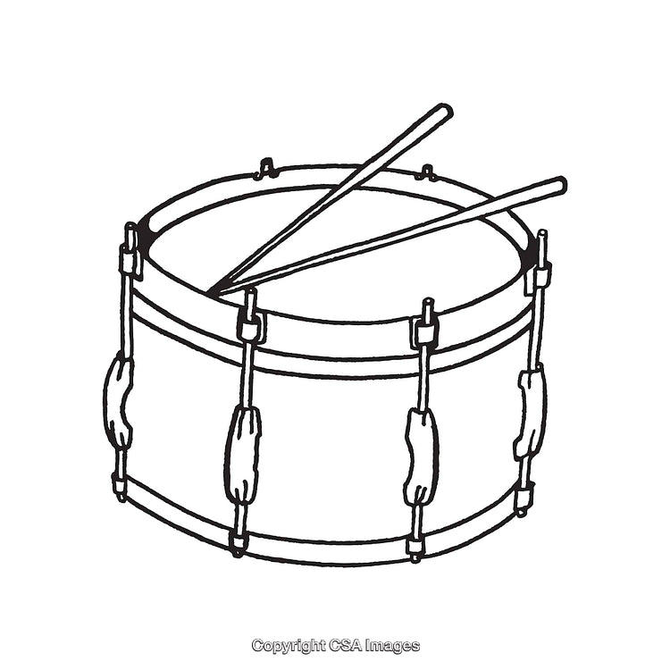 Black and White Line Art Illustration of a Snare Drum with Drumsticks