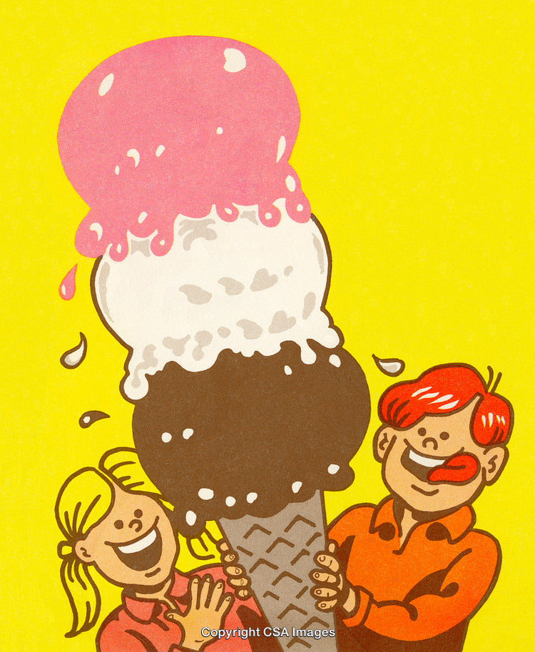 Cheerful Cartoon With Two People Sharing a Giant Ice Cream Cone
