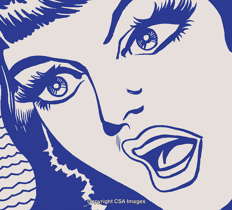 Pop Art Style Illustration of Surprised Female Face in Blue and White