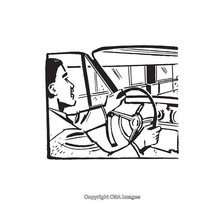 Black and White Illustration of a Driver in a Car
