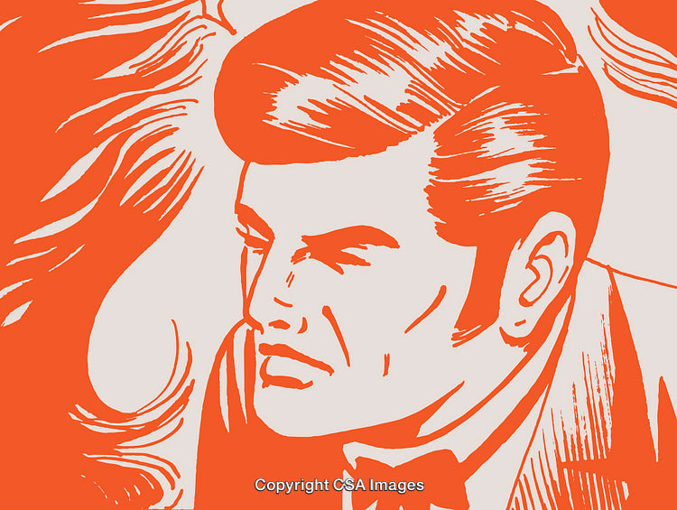 Stylized Retro Portrait Illustration of a Thoughtful Man in Orange and Beige