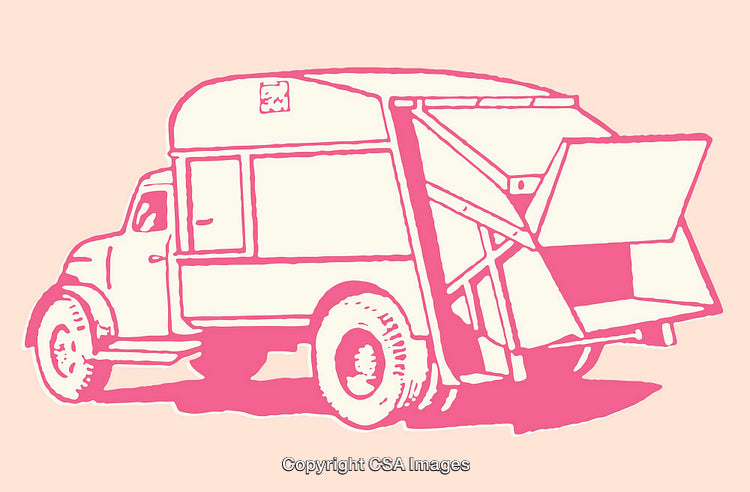 Vintage Garbage Collection Truck In Pink Toned Line Art Illustration