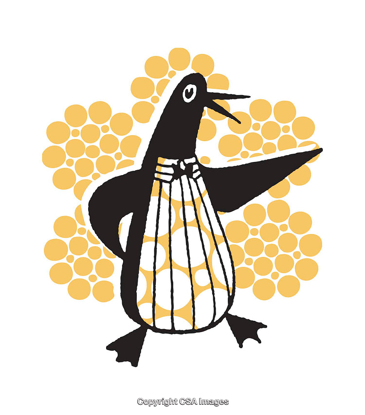 Stylized Illustration of a Playful Penguin With Yellow Circular Patterns