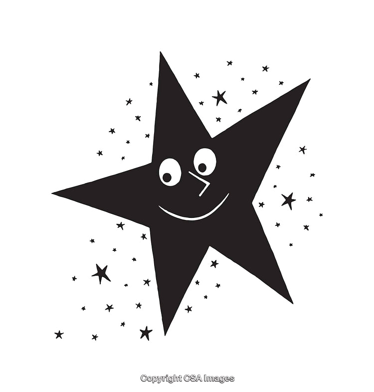 Black and White Smiling Star Character Illustration with Sparkling Starry Background