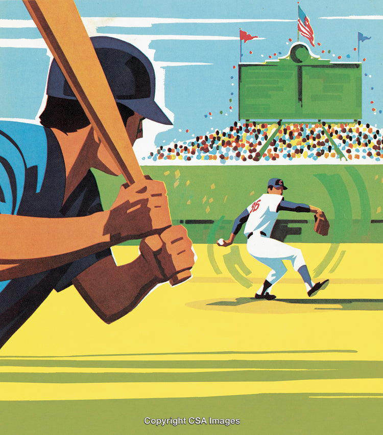 Dynamic Illustration of Baseball Pitcher and Batter at a Busy Sports Stadium