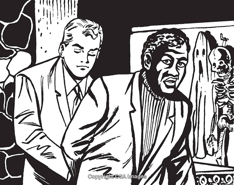 Stylized Black-and-White Illustration Featuring Two Men in a Mysterious Setting