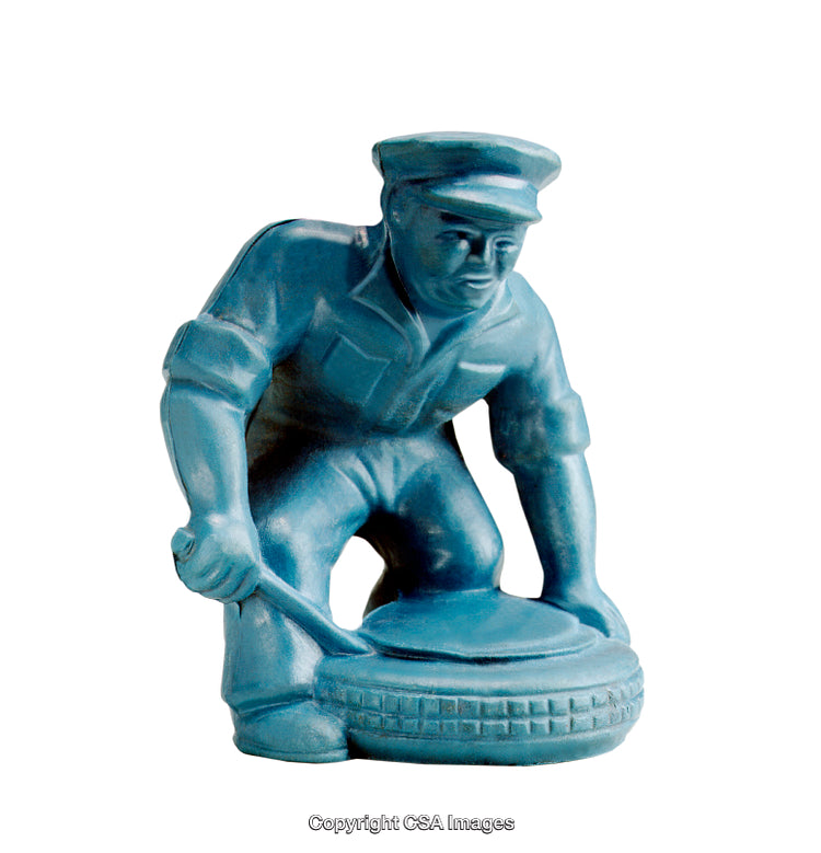 Blue Plastic Toy Figurine of Worker with Tire on White
