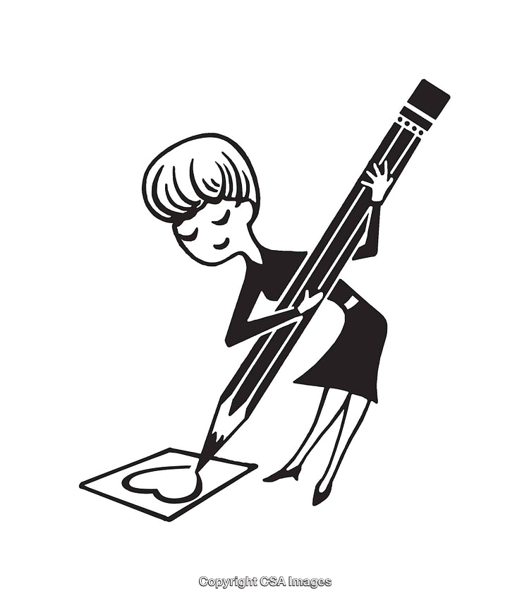 Whimsical Line Art of Woman Drawing a Heart with Oversized Pencil