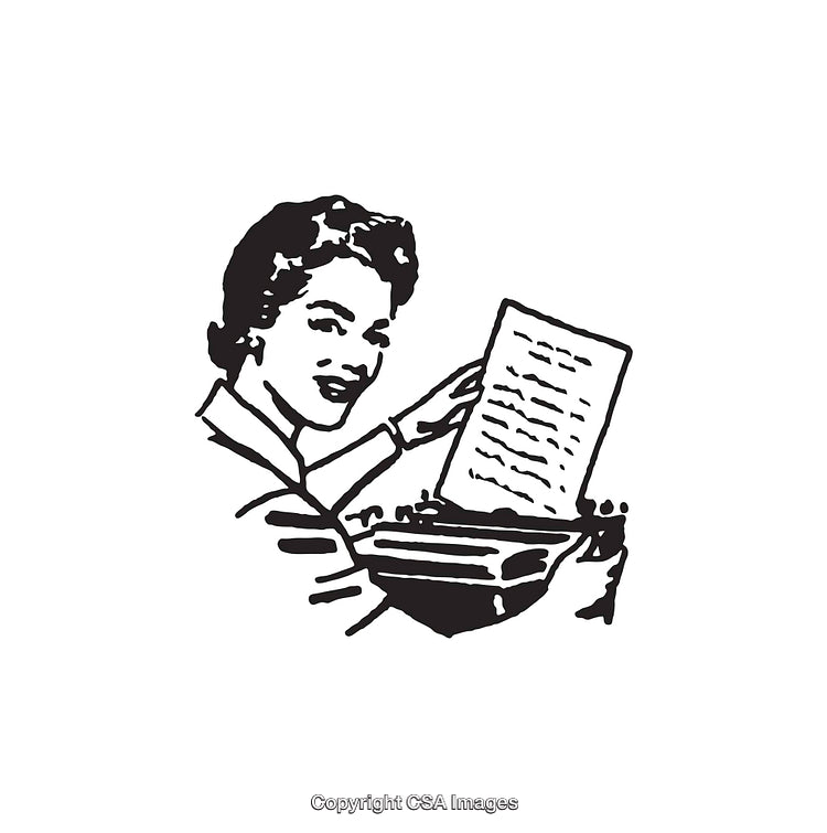 Retro Style Woman Typing on a Classic Typewriter, Black and White Illustration
