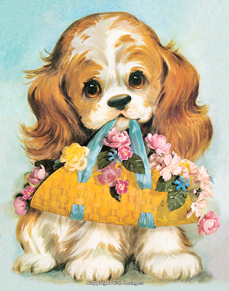 Adorable Puppy Holding Wicker Basket Filled with Colorful Spring Flowers