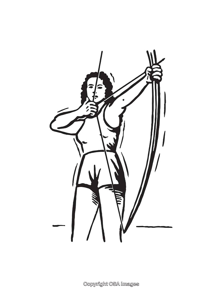 Black and White Line Art Illustration of a Woman Practicing Archery