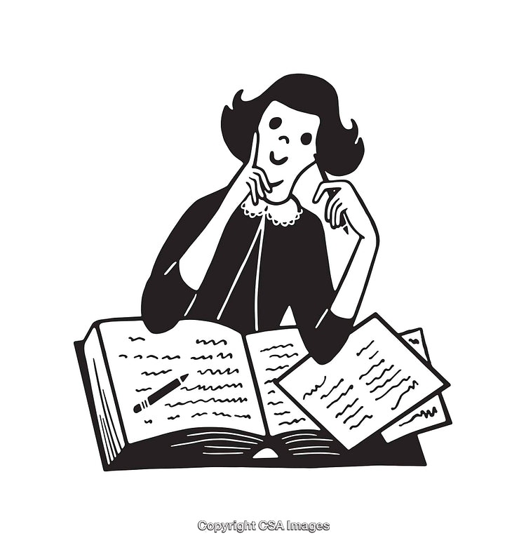 Thinking Woman Studying With Books and Writing in Line Art Style