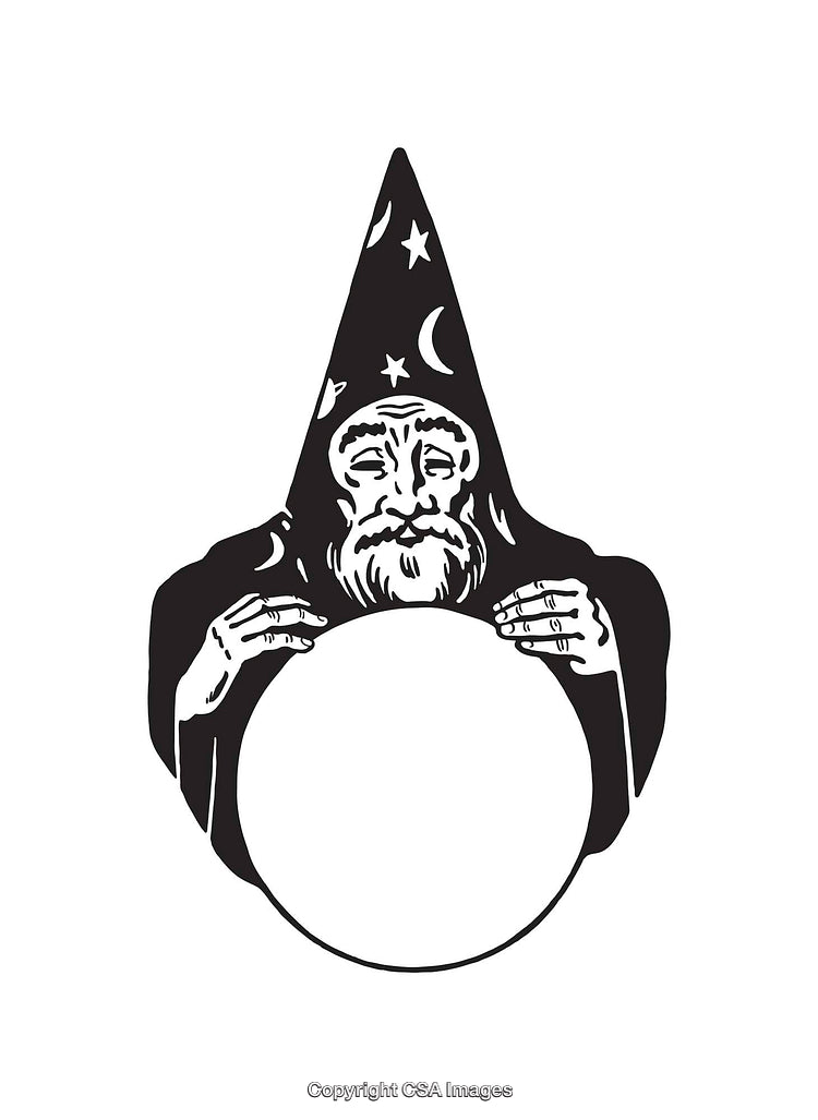 Black and White Wizard Holding Crystal Ball Line Art Illustration