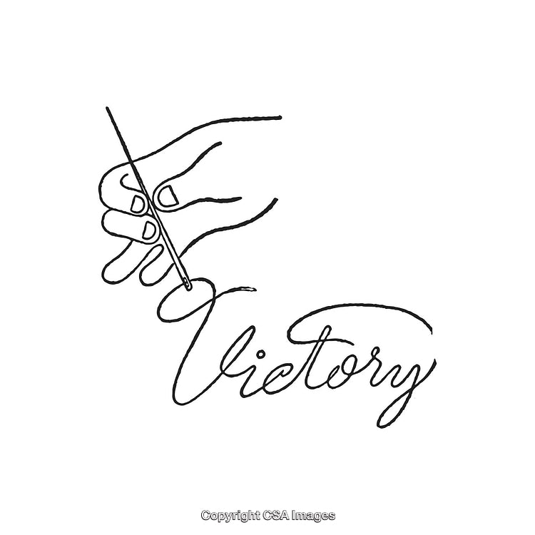 Minimalist Illustration of Hand Sewing the Word 'Victory' in Cursive