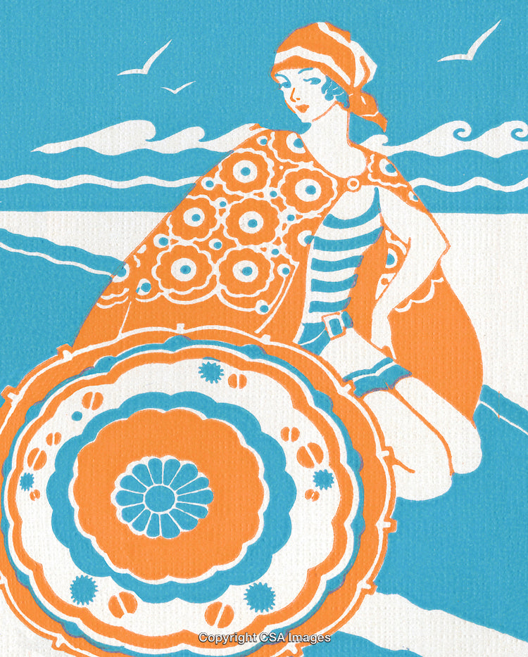 Vintage Art Deco Illustration of Woman in Beach Attire by the Ocean