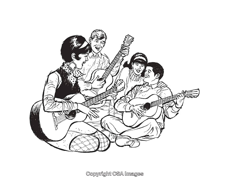 Group of Friends Playing Guitars in Line Art Illustration