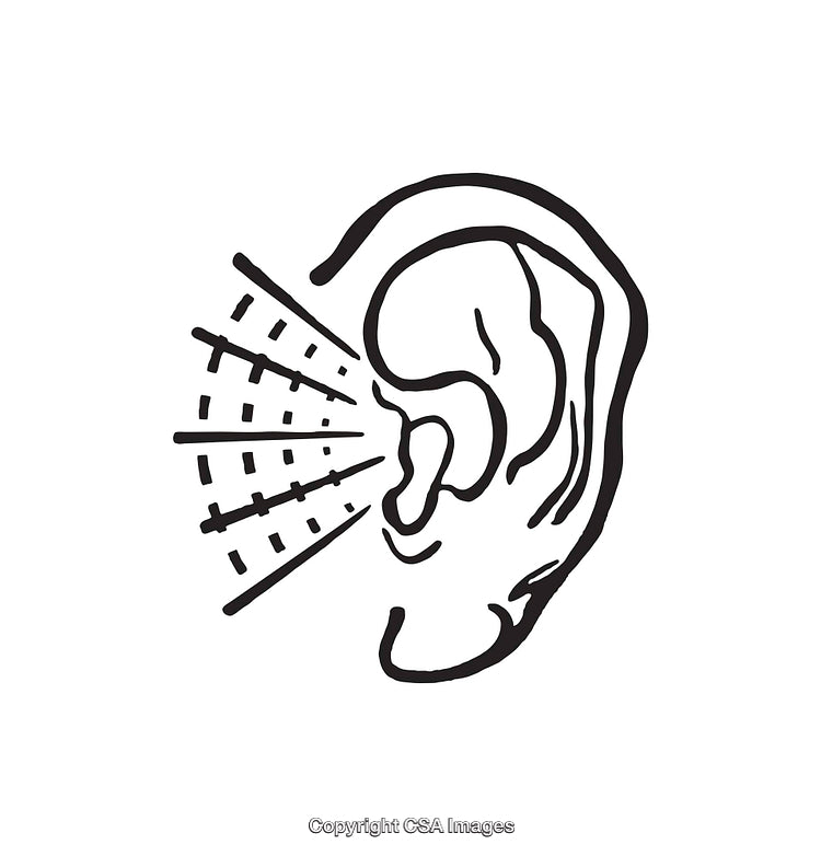 Black and White Illustration of an Ear with Sound Waves Symbol