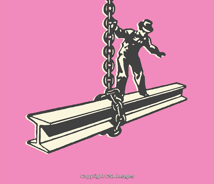 Worker Balancing on Steel Beam with Chain in Surreal Pink Background