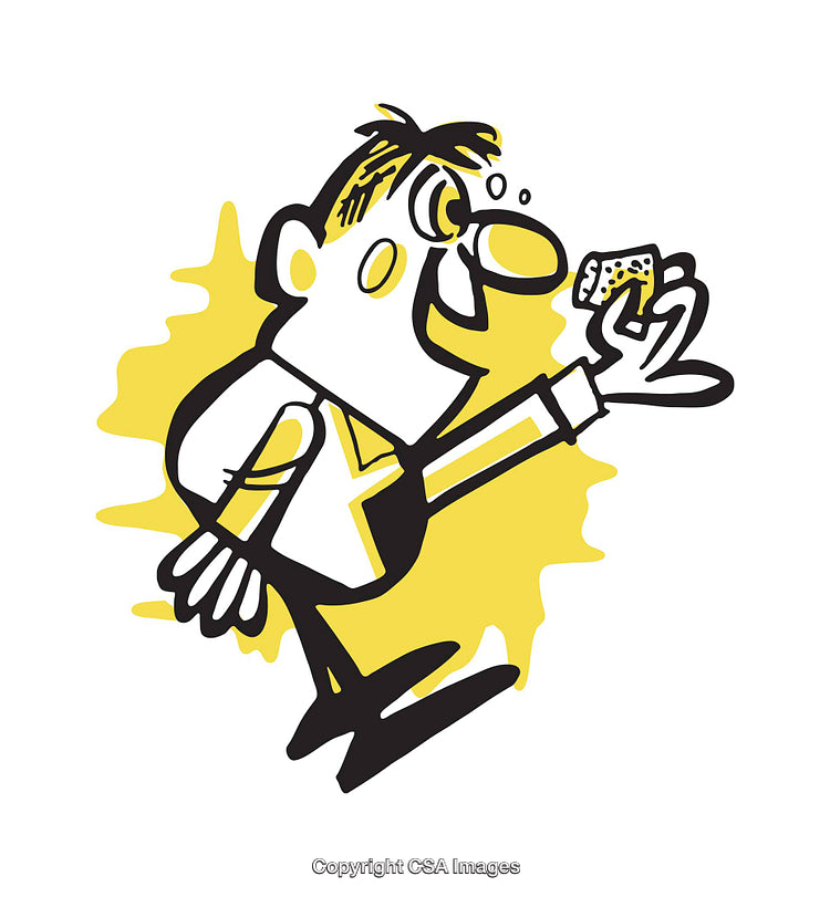 Cartoon Character Enjoying a Snack with Quirky Expressions and Energetic Pose