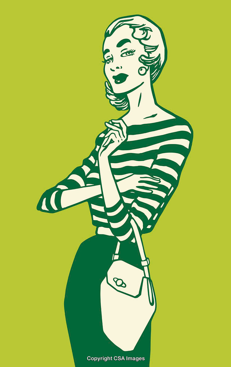 Retro Style Illustration of a Fashionable Woman in Striped Shirt on Green Background