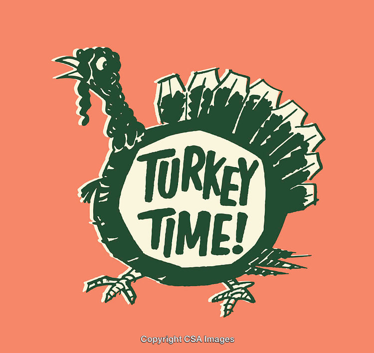 Whimsical Turkey Illustration with 'Turkey Time' Text on a Vibrant Background