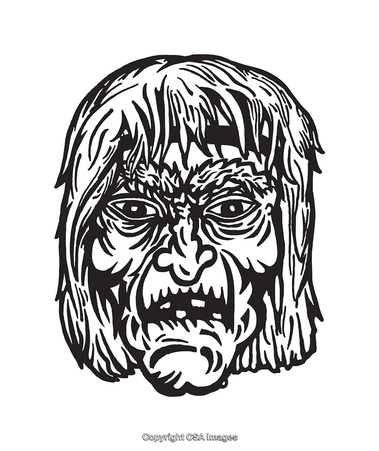 Black and White Line Art Illustration of a Monster Face