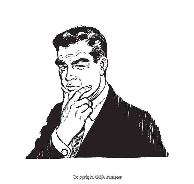 Black and White Illustration of a Thoughtful Businessman in Retro Style