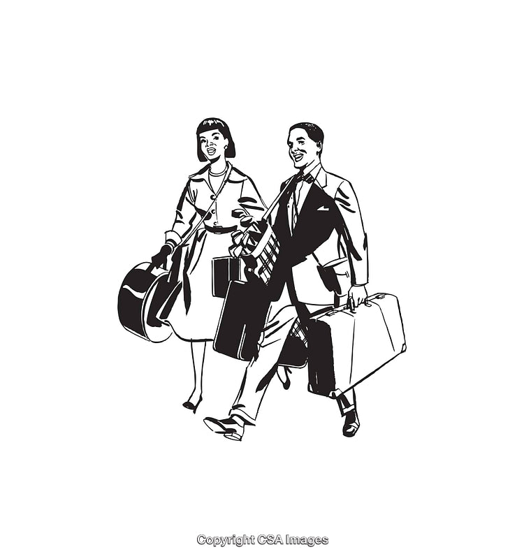 Retro Line Art Illustration of a Couple Carrying Travel Suitcases Together