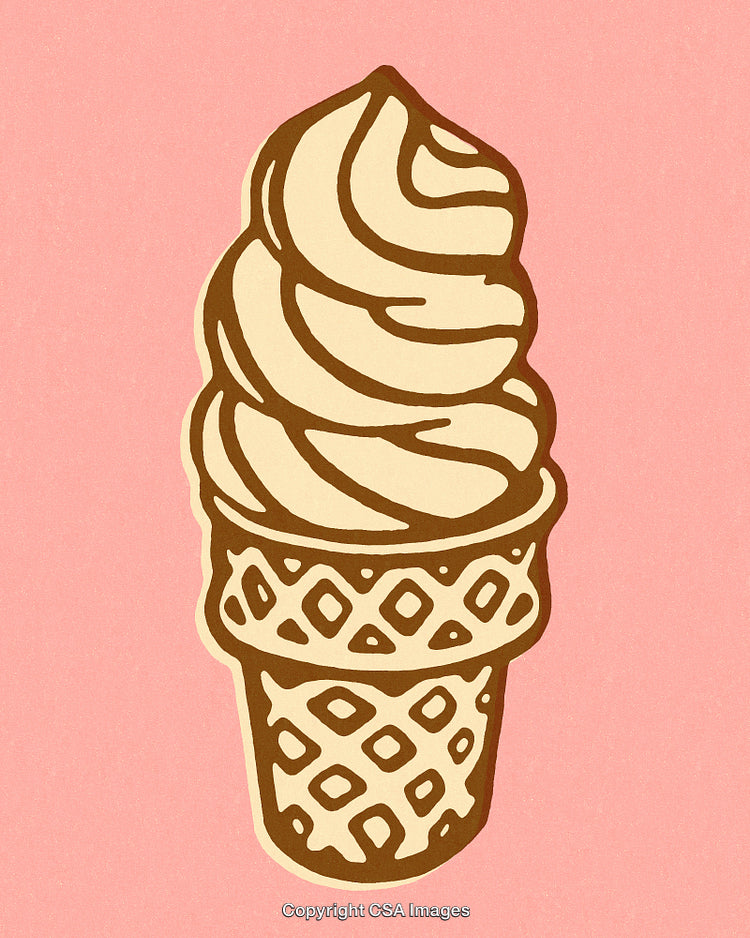 Retro Styled Ice Cream Cone Illustration on Pastel Pink Background