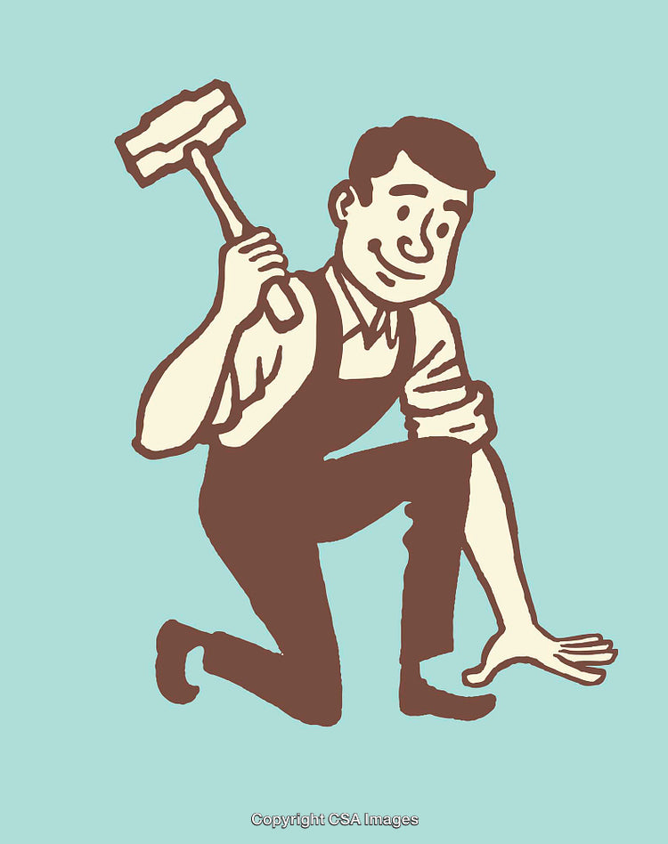 Retro Illustration of a Worker Kneeling with Tools in Hand