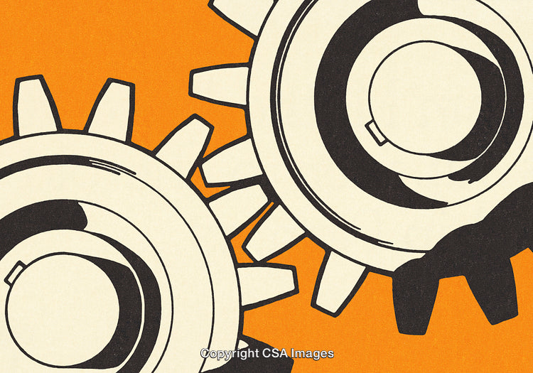 Close-Up Illustration of Interlocking Gears in Retro Artistic Style
