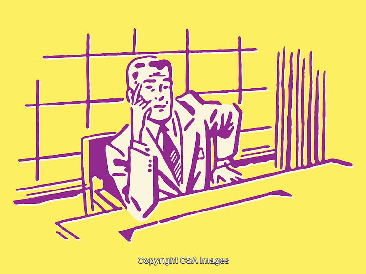 Colorful Line Art Illustration of a Businessman in Thoughtful Pose at Desk