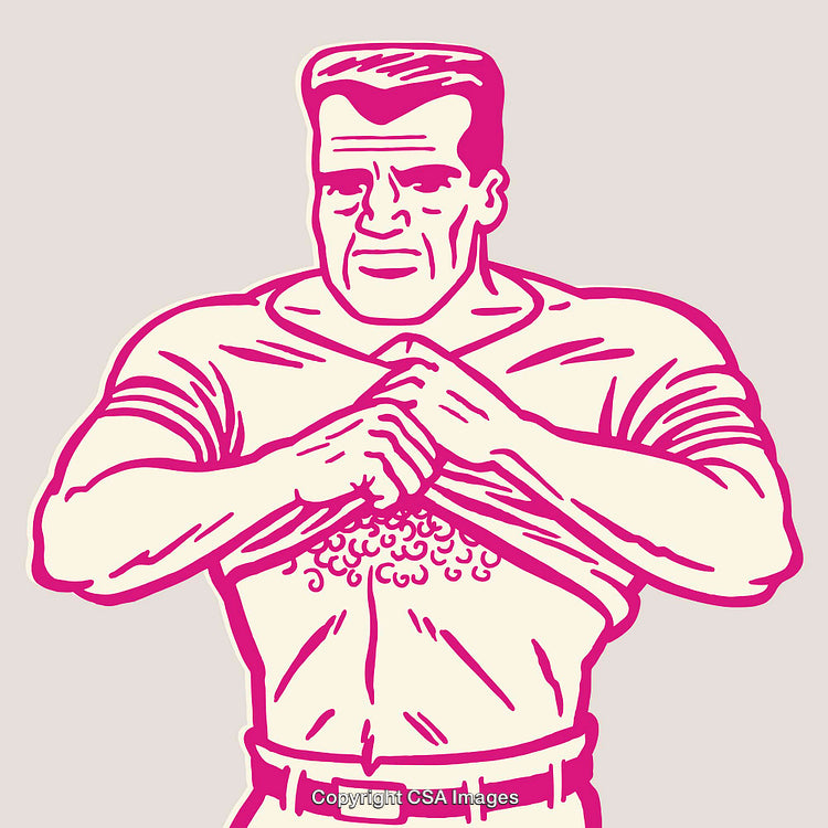 Bold Graphic Illustration of a Man Opening His Shirt in Pink and Beige