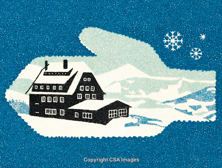 Cozy Snowy Chalet in Blue Winter Landscape Artwork