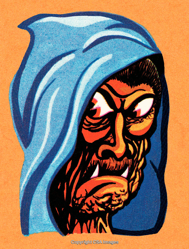 Fierce Hooded Character Illustration with Blue Cloak and Intense Expression