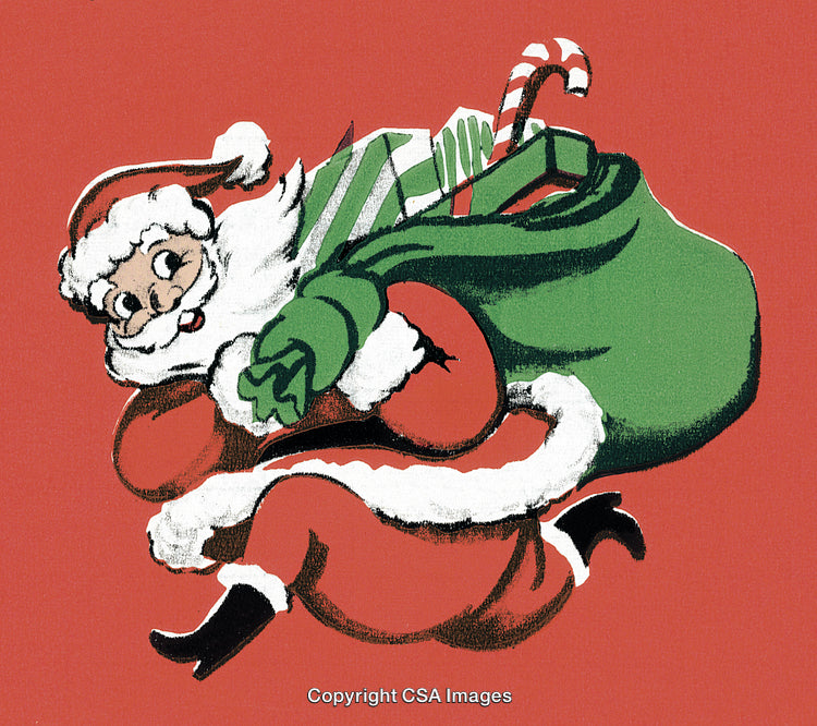 Santa Claus with Green Bag of Gifts on Festive Red Background