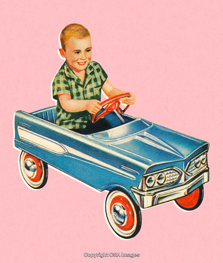 Child Enjoying a Vintage Toy Car Against a Pastel Background