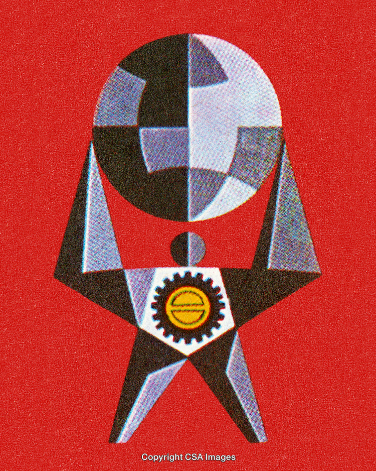 Abstract Figure Holding a Globe with Gears Symbol on Red Background