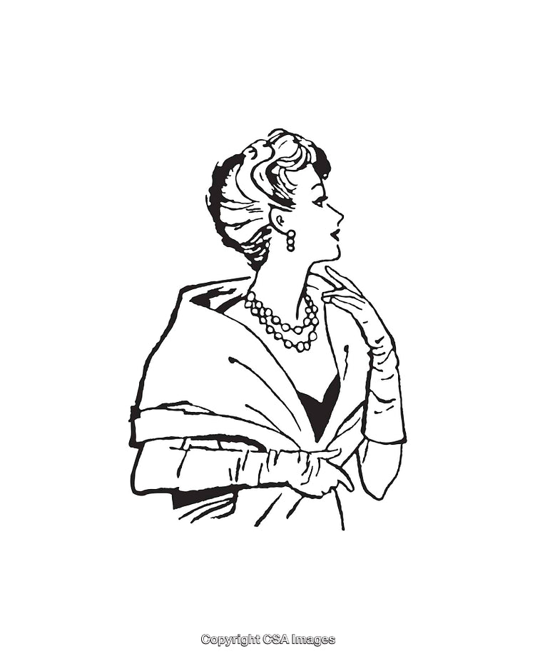 Elegant Black and White Line Art of a Vintage Woman in Jewelry