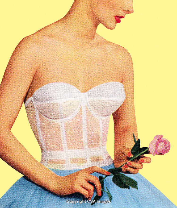 Elegant Woman Holding Pink Rose on Yellow Background in Retro Style